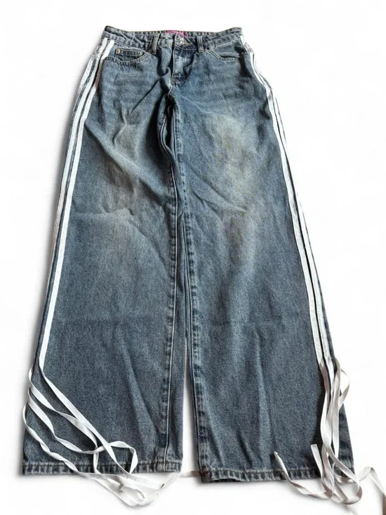 Edikted Wide Leg Jeans XS Ribbon Tie Side Stripe Y2K Baggy Denim - Picture 4 of 5